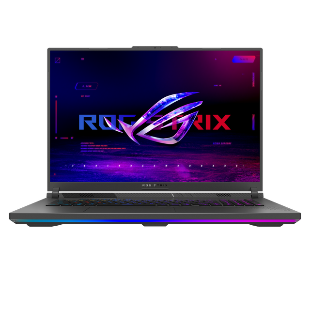 Shot of the Strix G18 (G814) with the lid open and the ROG Fearless Eye logo on screen